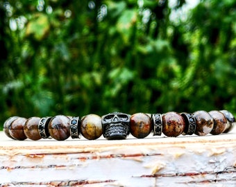 Beaded bracelet for men, Beads bracelet, Gift for men, Jewelry for men, Men's jewel, Gift bracelet, Skull bracelet, Brown beads