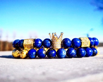 Royal blue crown combination bracelets, Lapis Lazuli bracelets, Golden lava bracelets, Luxury bracelets, Perfect gift