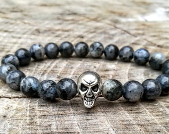 Grey skull bracelet, Skull bracelet, Beaded bracelet, Mens bracelet, Men bracelet, Women bracelet, Gentleman bracelet, Skull jewelry