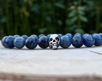 Skull bracelet for man and woman, Birthday, Gift for him and her, Blue bracelet, Beaded bracelet, Man and woman bracelet, Stretch bracelet