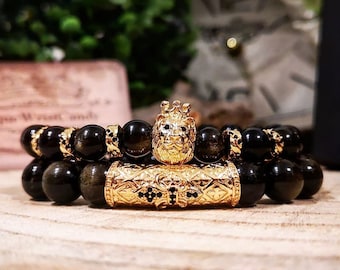 Gold obsidian luxury lion gift set, Golden luxury bracelets, Christmas gift, Gift for him and her, Bracelets gift set