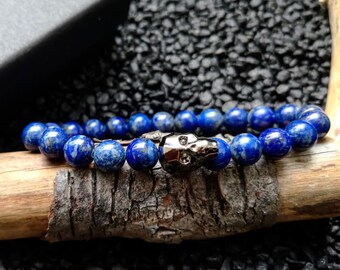 Swarovski skull bracelet, Lapis Lazuli bracelet for men, Skull bracelet for him and her, 8 mm Lapis Lazuli, Gift ideas for men