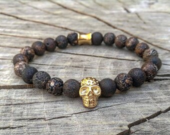 Golden skull beaded bracelet for men, Stainless steel, Wooden beaded bracelet, Gift for him and her, Stretch bracelet for men and women