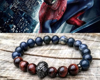 Spiderman, Spiderman bracelet, Marvel bracelet, Hero bracelet, Mens beaed bracelet, Tiger eye, Father day gift, Stretch bracelet, Comic con