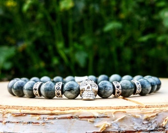 Silver beaded skull bracelet for men and women, Gift for him and her, AAA Hawkeyes beads, Stretch bracelet, Jewelry for men