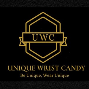 May include: Gold logo with the text "UWC" inside a hexagon shape. The text "UNIQUE WRIST CANDY" is below the logo, and the tagline "Be Unique, Wear Unique" is below the text.