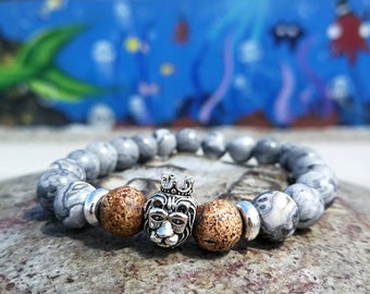 Grey lion bracelet for men and women, 8 mm beaded bracelet, Stretch bracelet, Gift bracelet, Lion king, Silver bracelet