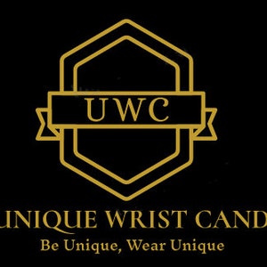 May include: A gold-coloured logo on a black background. The logo has a geometric design with the letters "UWC" inside. Below the logo, the text reads "UNIQUE WRIST CANDY" and "Be Unique, Wear Unique".