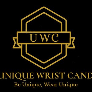 May include: Gold logo with a hexagonal design and the text "UWC" inside a banner. Below the logo, the text "UNIQUE WRIST CANDY" and the tagline "Be Unique, Wear Unique".