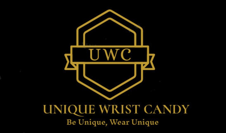 May include: Gold logo with a hexagonal design and the text "UWC" inside a banner. Below the logo, the text "UNIQUE WRIST CANDY" and the tagline "Be Unique, Wear Unique".