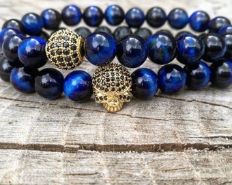 Golden skull with blue tiger eyes bracelet, Handmade skull bracelet, Handmade gift, Mens bracelet, Mens jewelry