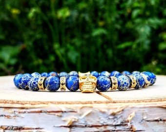 Golden beaded skull bracelet for men and women, Gift for him and her, Blue ocean beads, Stretch bracelet, Jewelry for men