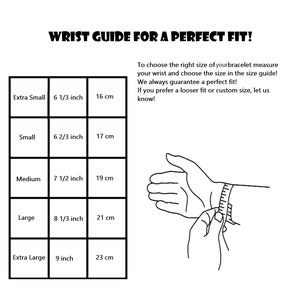 May include: A wrist measurement guide for bracelets. The guide shows different wrist sizes in inches and centimeters, with corresponding bracelet sizes. A hand is shown measuring a wrist with a tape measure.