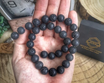 12mm Black Black Volcanic Lava bracelet, Black lava beads, Black bracelet for him and her, Black beaded jewelry, Lava jewelry