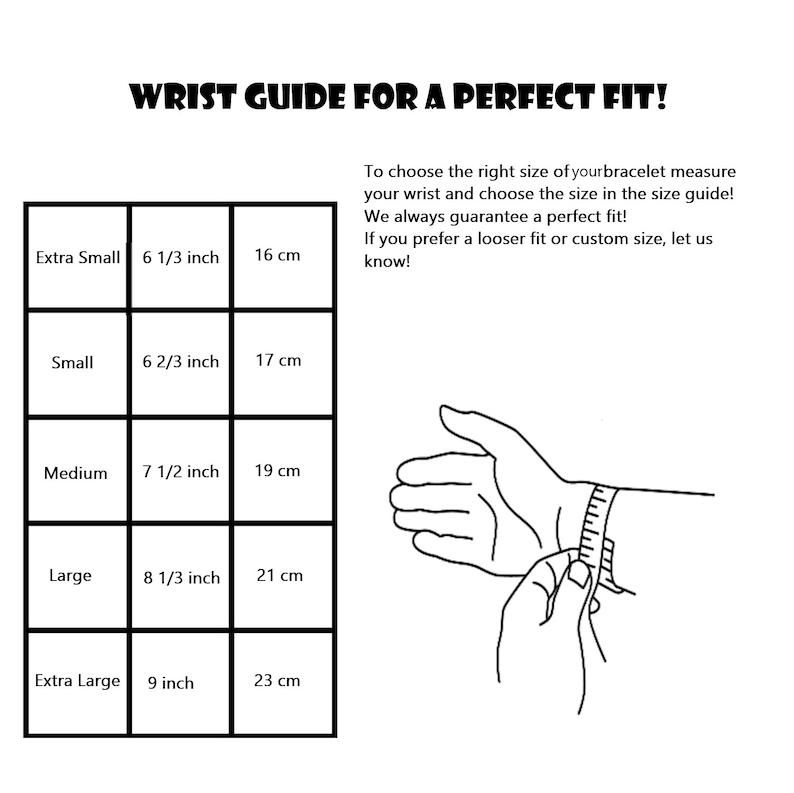 May include: A wrist measurement guide for bracelets. The guide shows different wrist sizes in inches and centimeters, with corresponding bracelet sizes. A hand is shown measuring a wrist with a tape measure.