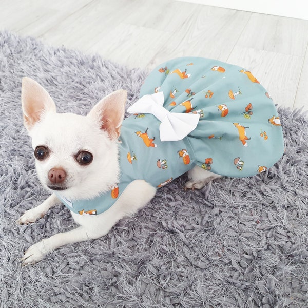 Pretty Little Paws - Handmade Woodland Fox Vintage Boutique Teal Chihuahua Dachshund Dog Dress