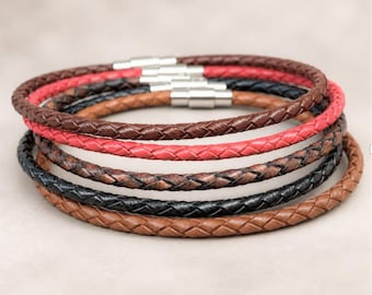 Minimalist Leather Braided Bracelet, Stainless Steel Magnetic Clasp, Christmas Gift for Boyfriend