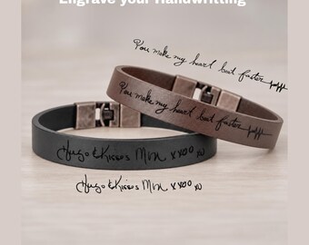 Men's Full Grain Leather Bracelet: Visible Handwriting Engraved, Secret Message Inside, Wax Cord Accent