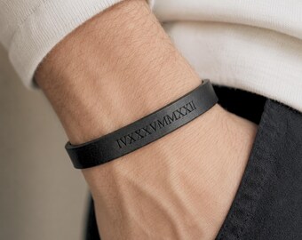 Mens Leather Bracelet Personalized Engraved Text Custom Date Wristband for Husband Dad Boyfriend Minimalist Handmade Jewelry Everyday Styles