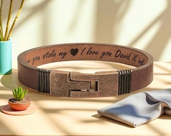 Personalized Leather Bracelet - Engraved Cuff with Copper Clasp - Custom Message Bracelet for Men -  Handmade Real Leather Jewelry