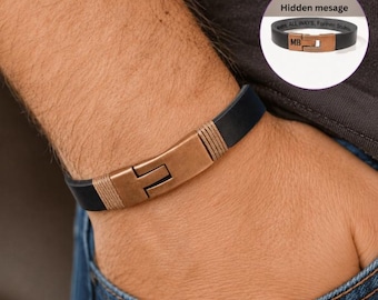 Men's Personalized Cross Leather Bracelet: Engraved Text Hidden or Visible, Custom Symbol on the Clasp