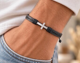 Custom Engraved Men's Bracelet: Adjustable Cross Cuff, Christmas Gift for Him