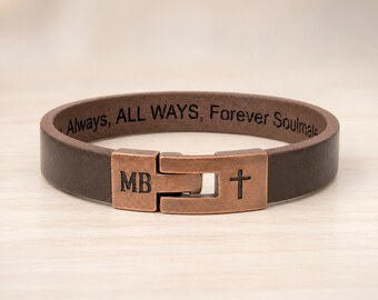 Personalized Leather Bracelet for Men, Engraved Initials and Cross on the Clasp, Wax Cord Accent, Custom Handmade Accessories
