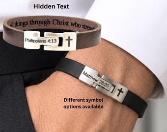 Leather Cross Bracelet for Men Custom Engraved Wristband Personalized Mens Christian Jewelry