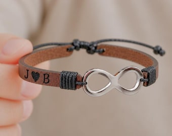 Personalized Thin Adjustable Leather Bracelet: Stainless Steel Infinity Charm, Unisex Christmas Gift