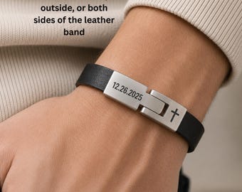 Men's Customized Leather Bracelet, Premium Full Grain Band, Individualized Date on Clasp, Stainless Steel Latch