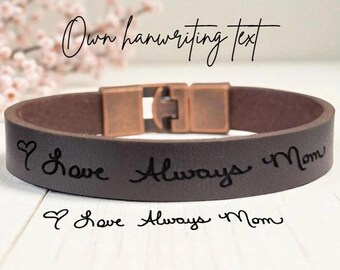 Custom Handwriting Engraved Bracelet: Men's Leather Wristband, Personalized Sentimental Gift for Husband Son