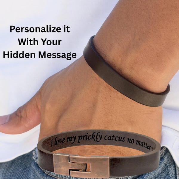 Custom Leather Bracelet for Men Hidden Message Engraved Gift Personalized Cuff for Husband Boyfriend Dad Anniversary Birthday