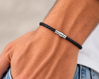 Slim Braided Leather Bracelet, Stainless Steel Magnetic Clasp, Men's Gift
