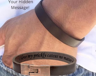 Custom Text Engraved Men's Leather Bracelet, Real Leather with Copper Clasp