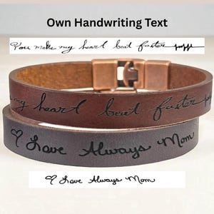 Custom Handwriting Engraved Bracelet: Men's Leather Wristband, Personalized Sentimental Gift for Husband Son