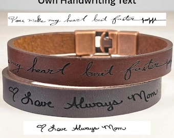 Custom Handwriting Engraved Bracelet: Men's Leather Wristband, Personalized Sentimental Gift for Husband Son