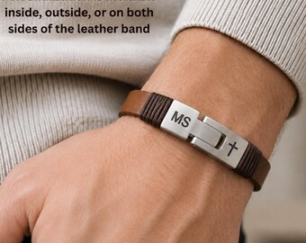 Personalized Leather Bracelet, Custom Engraved Stainless Steel Clasp, Cross Symbol, Men's Jewelry