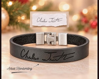 Actual Handwriting Engraved text Bracelet: Men's Leather Wristband, Personalized Sentimental Gift for Husband Son