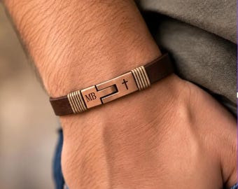 Men's Personalized Cross Leather Bracelet: Engraved Text Hidden or Visible, Custom Symbol on the Clasp