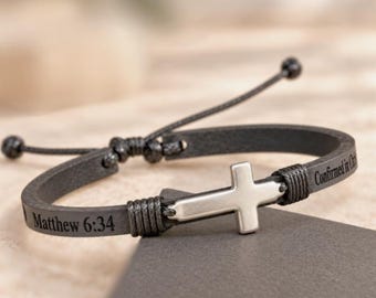 Personalized Cross Leather Bracelet: Minimalist bible Verse Wristband, Confirmation Gift