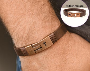 Personalized Men's Cross Leather Bracelet: Custom Text Hidden or Visible, Personalized Symbol on the Clasp