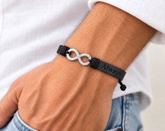 Infinity Engraved Leather Bracelet: Custom Adjustable Minimalist Wristband, Couples Gift
