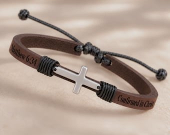 Men's Cross Full Grain Leather Bracelet, Adjustable Thin Engraved Bible Verse, Religious Jewelry for teens