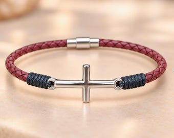 Slim Braided Cross Leather Bracelet,  Unisex Slim Cuff, Christmas Gift for Him and Her