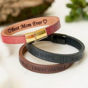 Custom Engraved Leather Bracelet Unisex Personalized Cuff with Message Coordinates or Name Gift for Woman Men Couple Birthday Gift BFF