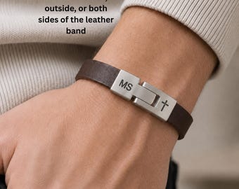 Personalized Full Grain Leather Wristband, Engraved Stainless Clasp, Masculine Men's Jewelry