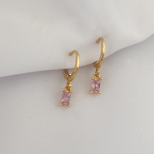 Mini hoop earrings with pink stone pendants - golden earrings with zirconia - pink - boho