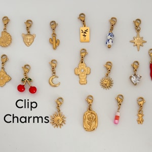 Pode incluir: Uma coleção de berloques de clipe em metal dourado com várias formas, incluindo uma concha, cabeça de pantera, cacto, retângulo com planta, contas azuis e brancas, estrela, cruz, cereja, lua, sol, coração, chifre vermelho e urso. O texto diz Clip Charms.