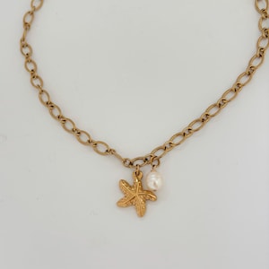 Collar grueso con colgante de estrella de mar y perla, collar de verano con colgante de perla, - mar - regalo para ella - boho
