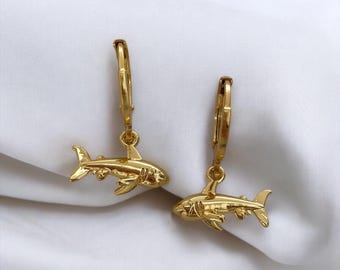 Hoop earrings with shark charm - gold shark charm earrings - gift for her - gift for him - Boho